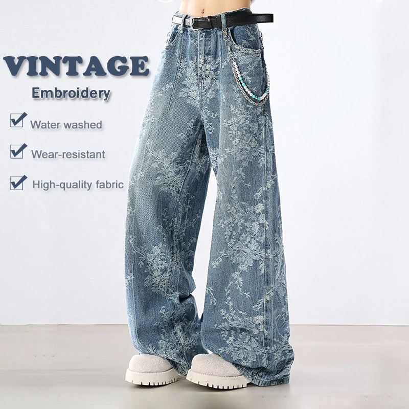Embroidered Jeans Autumn Winter New Styles Loose Wide Leg Trousers Retro Straight Wear Resistant Water Wash Floor Length Pants