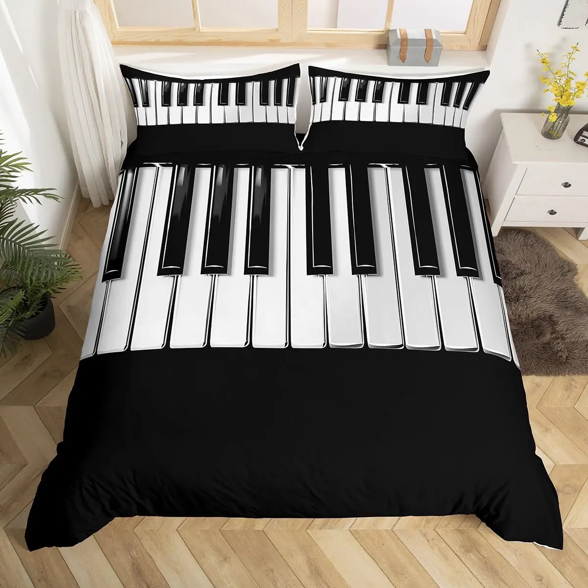 Music Piano Keys Duvet Cover King Queen Piano Bedding Set Modern Musical Instrument Quilt Cover Black And White Comforter Cover