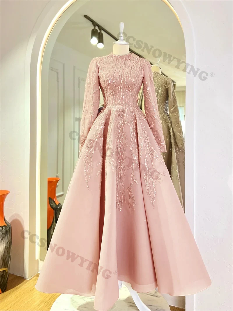 Muslim Organza Appliques Beaded Evening Dresses Long Sleeve Hijab Islamic Formal Party Gown Arabic Dubai Women Robes De Soirée