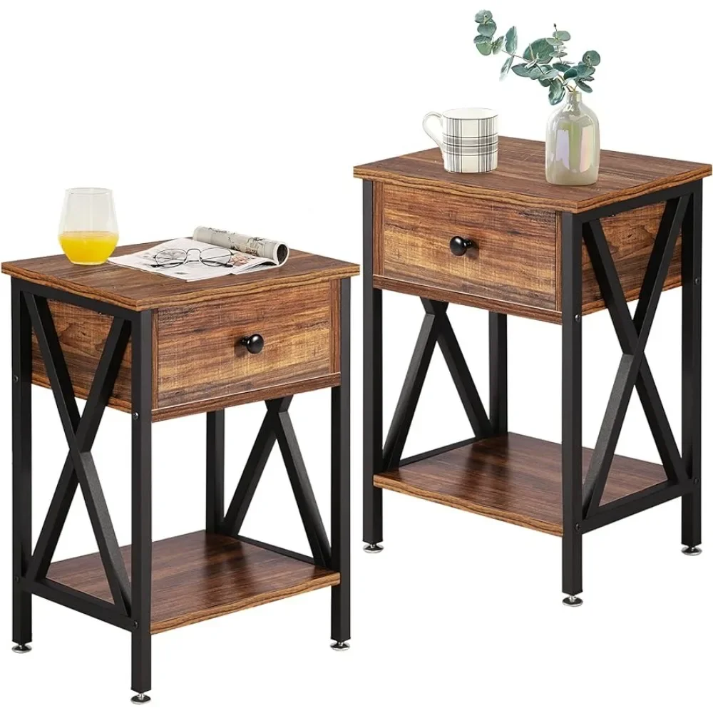 

Side Table (Set of 2) Rustic Brown Night Stands for Bedroom Nightstand Bedside End Tables With Drawer Storage Living Room Table