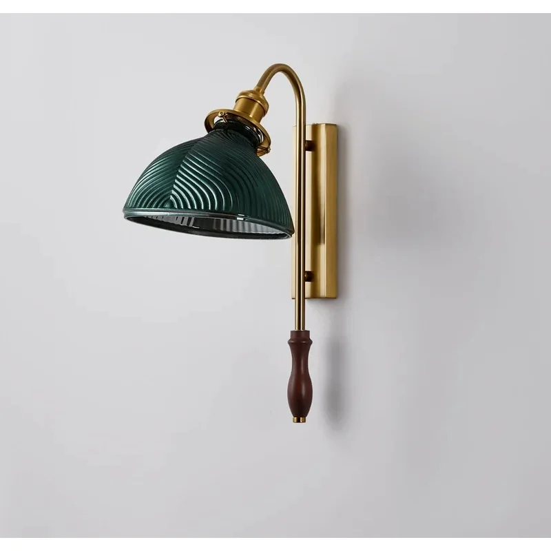 Minimalist Retractable Swing Arm Wall Lamp  Green Ribbed Glass Shade Wood Handle Vintage Wall Sconce E27 Indoor Reading Light
