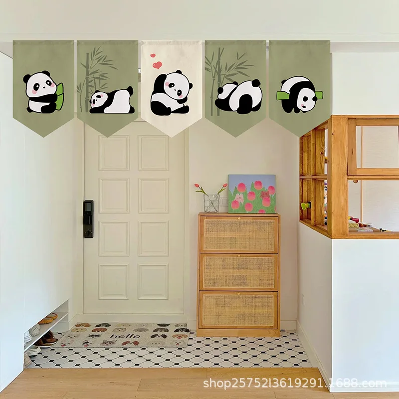 Cartoon Panda Triangle Short Curtain Linen Half Curtain Decorative Flag Valance Window Drape for Cafe Home Door Partition Decor
