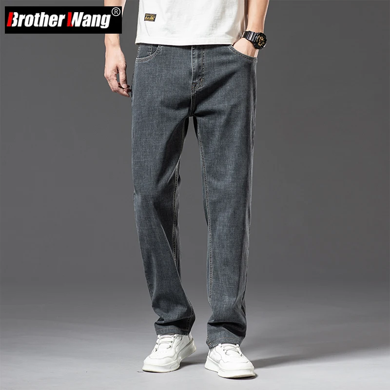 

Plus Size 40 42 44 Spring Summer Men's Loose Gray Thin Jeans Business Casual Denim Stretch Trousers Blue Male Brand Pants