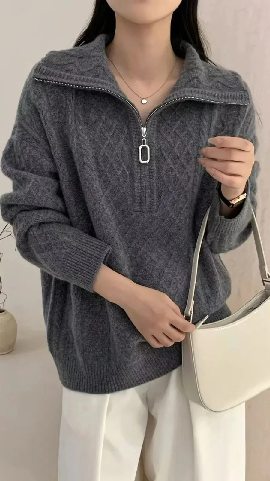 Novo pulôver de luxo feminino 100% lã merino meio zip volta cor sólida malha solta pele amigável confortável outono inverno topo quente