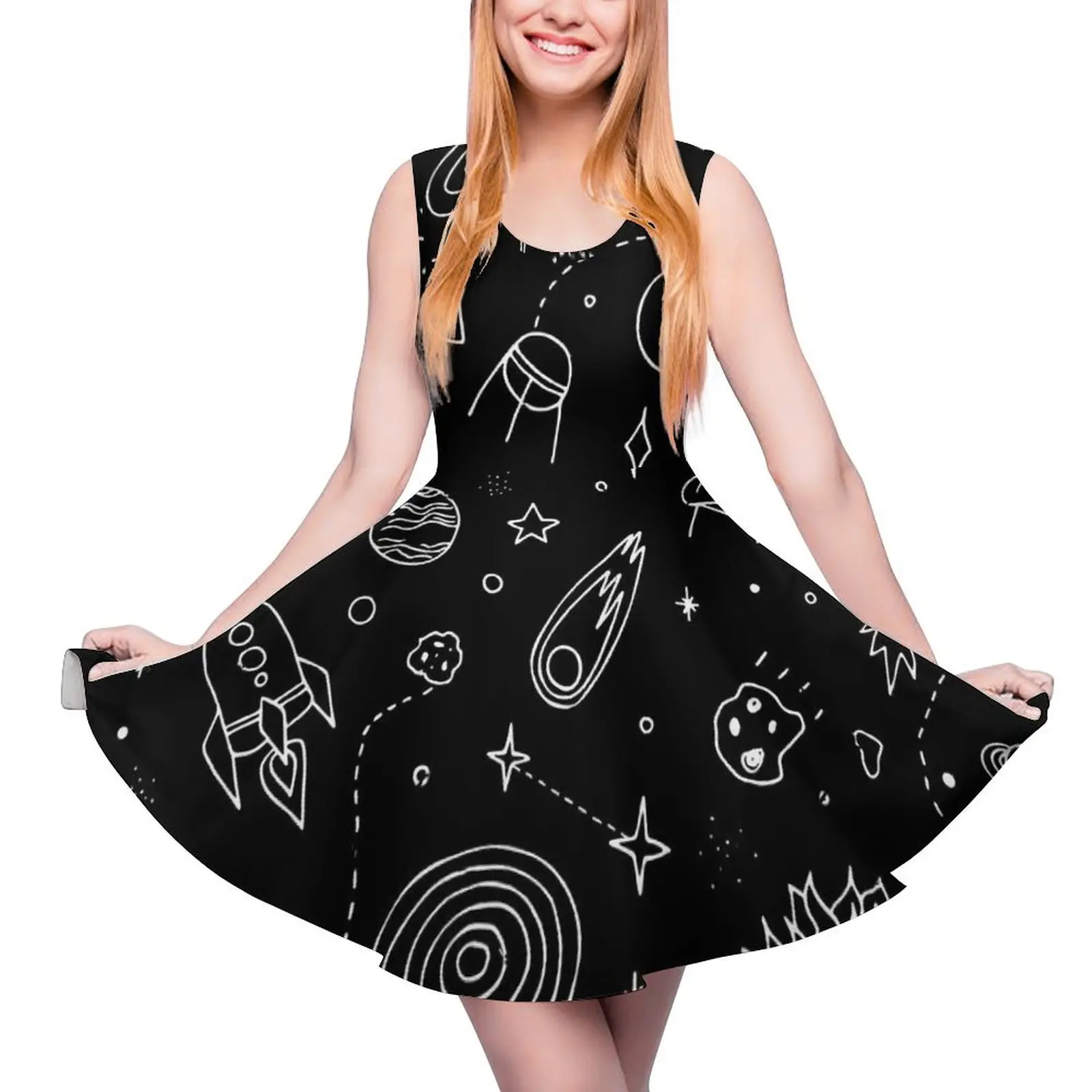 

Cute Space Dress Planets Print Modern Dresses High Waist Casual Design Skate Dress Women Oversized Vestidos