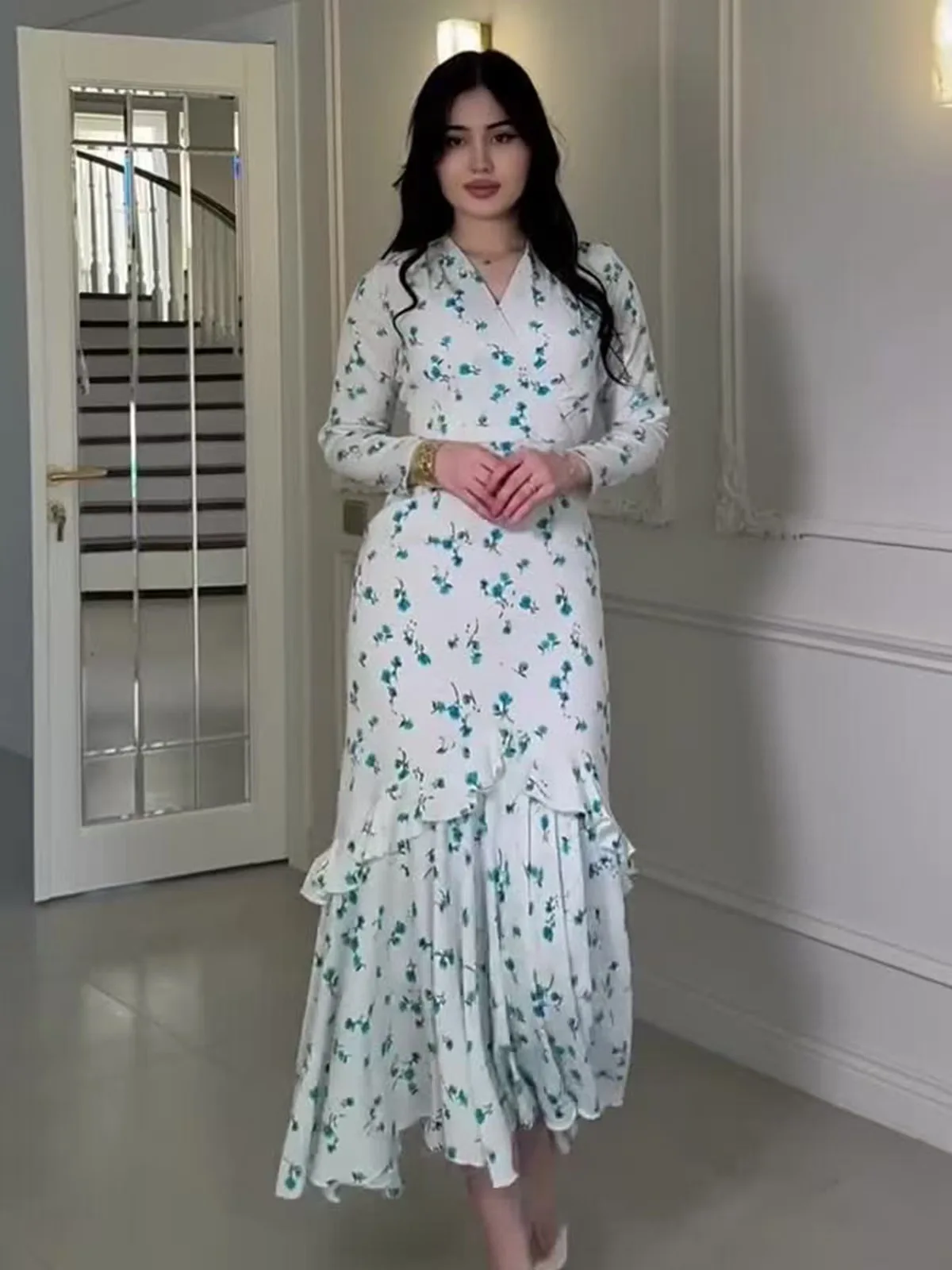 تنورة طويلة بطيات بأربطة مطبوعة من Faionable Dr بخصر عالٍ طويلة Sve V Ne بسحاب للإغلاق للنساء Ele Summer Dr
