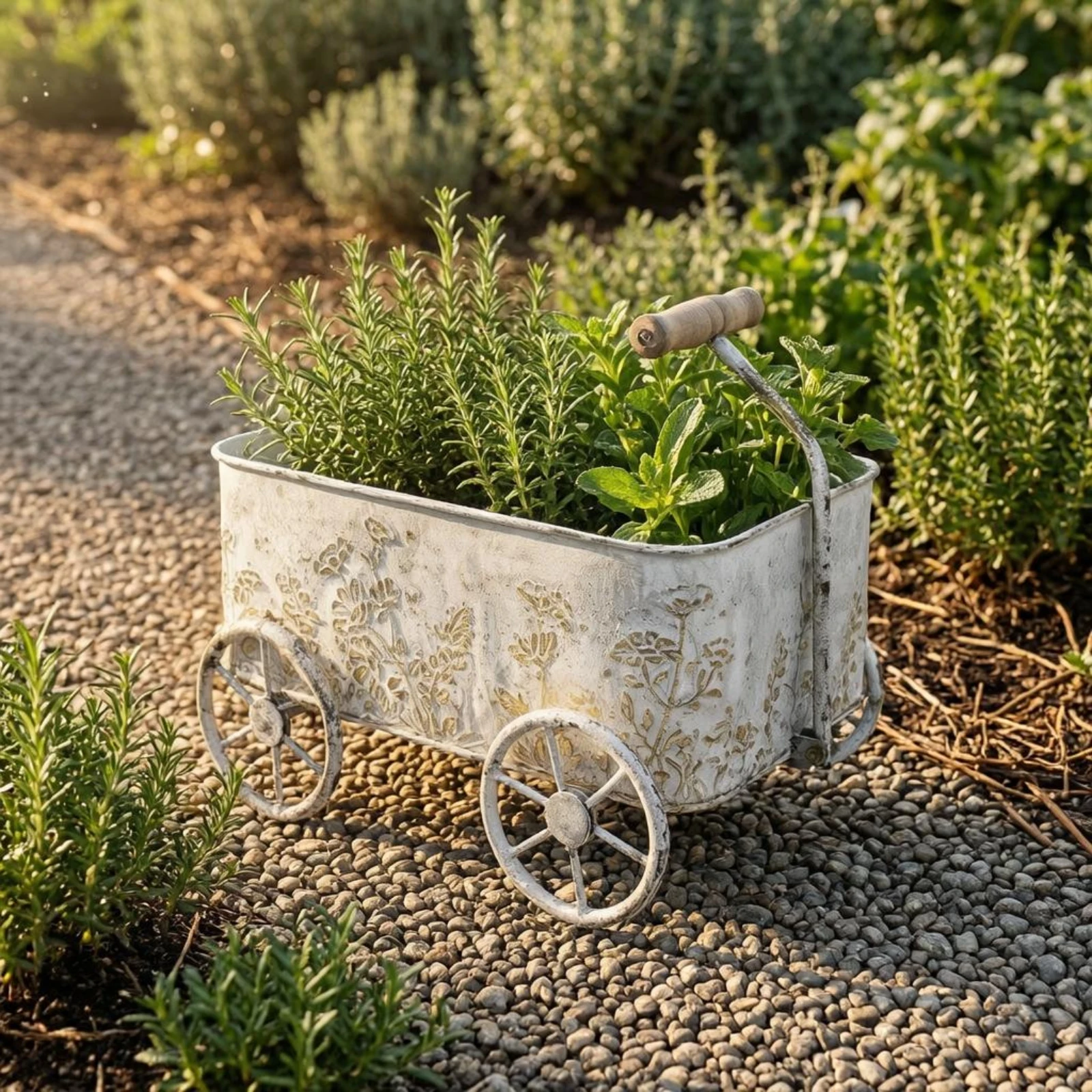 Iron Planter Cart-Style Distressed Antique Finish Decorative Cart-Style Planter Garden Decor Compact Size Plant Container Indoor