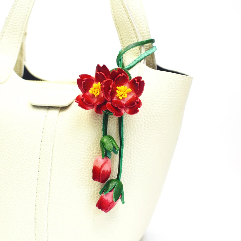 Handmade Sakura Top Layer Cowhide Leather Bag Charm Flower Fre Countryside Sle Hanging Decoration Faion Accessories