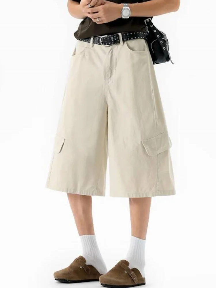 High Street Fashion Men's Paratrooper Workwear Cotton Shorts Loose Causal Wide Length Cropped Pants Straight Bottoms MBNS