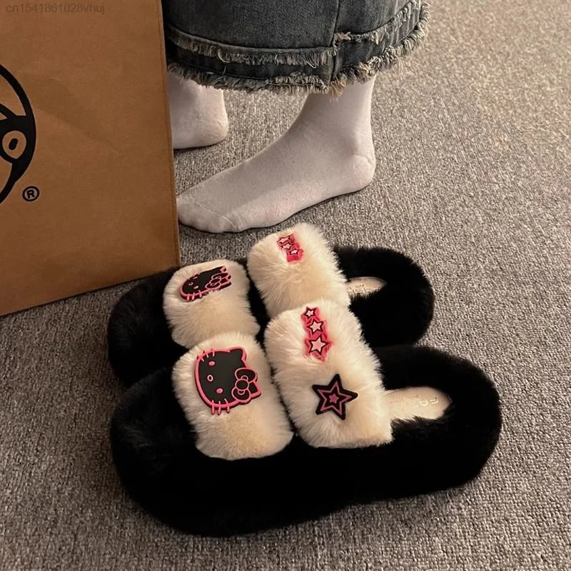 Sanrio Cute Plush Slippers Autumn And Winter New Home Thick Soled Shoes Korean Fashion Star Graphic Slippers Female Charms Shoes