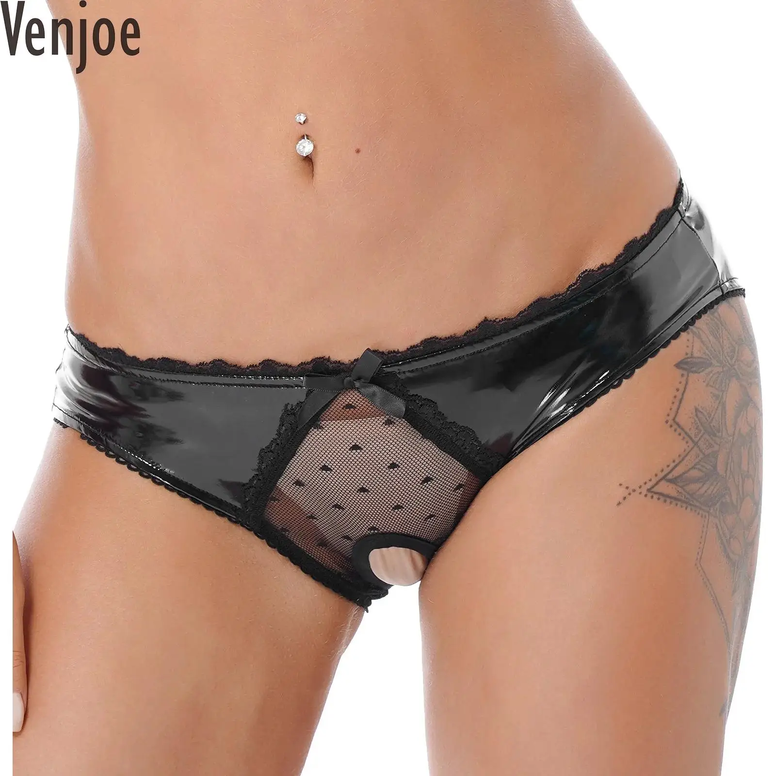 

Womens Sheer Lace Sexy Open Crotch Briefs Glossy Patent Leather Thongs Bowknot Low Waist Underwear Wet Look Rave Party Panties