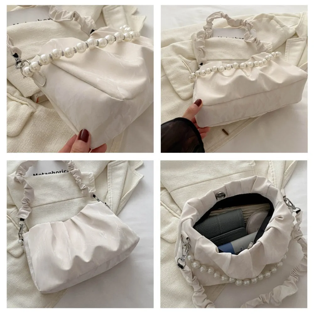 Trendy New Design Beaded Chain Handbag Beaded Chain PU Leather Messenger Bag Pleated Style Underarm Bag Daily Use