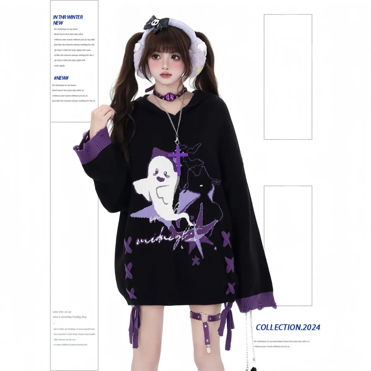 ​ ​ Maglione Phantom Alt da donna allacciato con spalle scoperte oversize nero viola color block gotico peluche invernale lavorato a maglia caldo stile Alt ​ ​