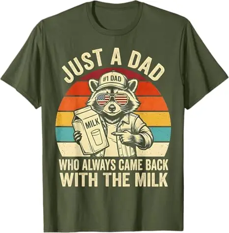 Just A Dad Who Always Came Back with The Milk T-Shirt Y2k Raccoon Dad Herrenmode Witziges Spruch-T-Shirt Cooles Vatertags-Neuheitsgeschenk – Detail 3