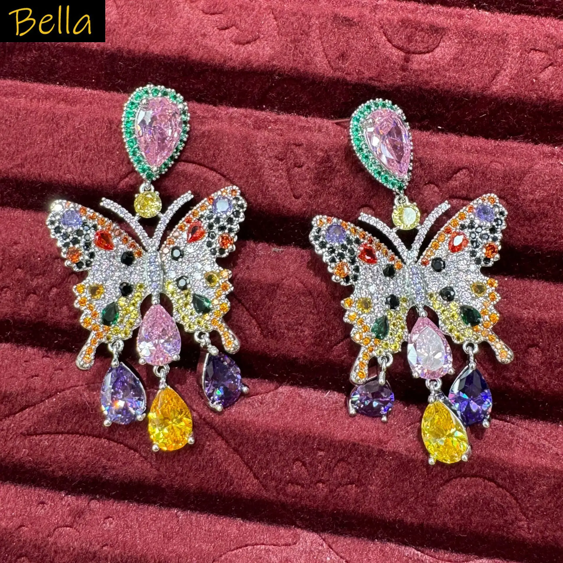 

luxury zircon earrings large butterfly multicolor blue pink yellow teardrop dangling earrings for women gala event party jewelry