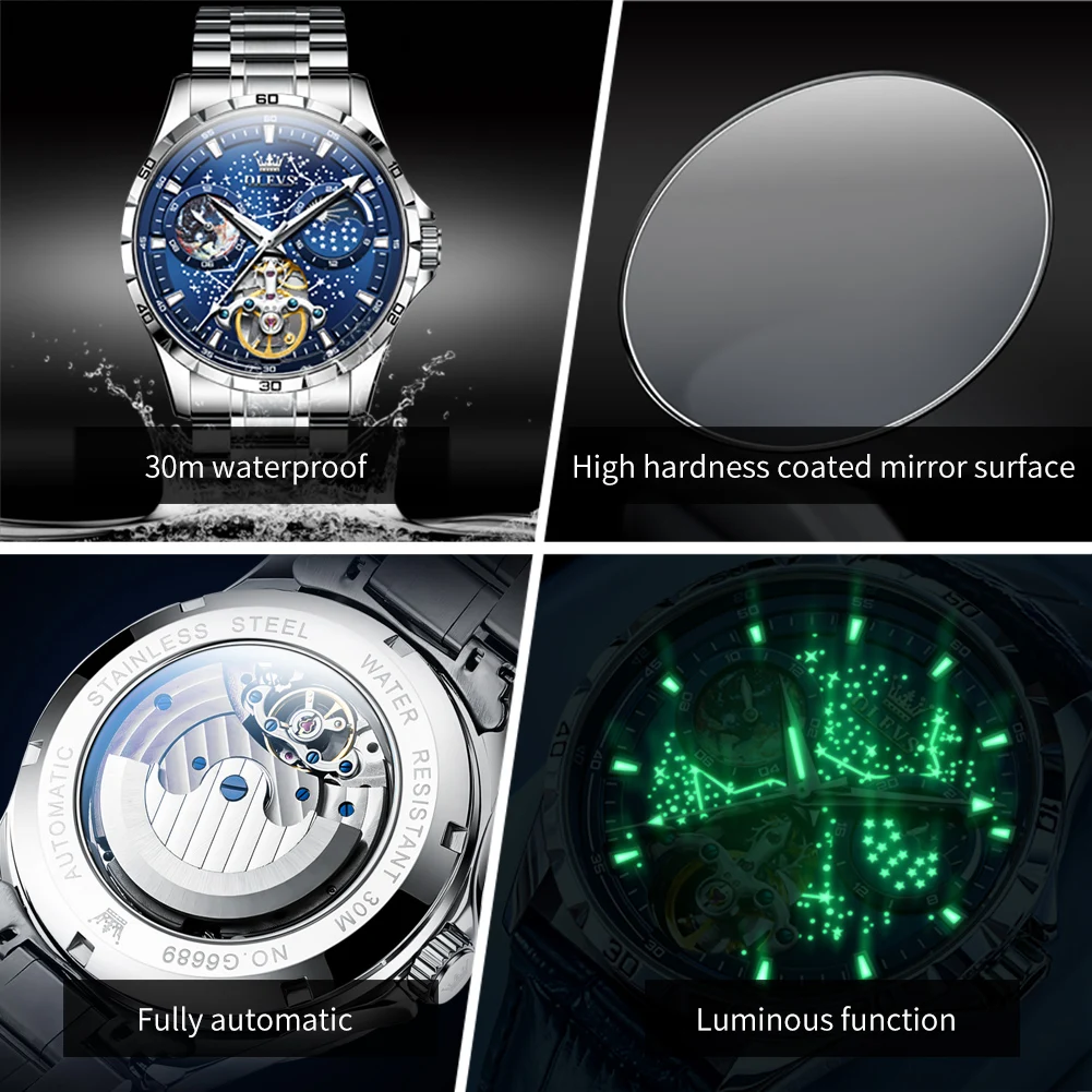 OLEVS Fashion Starry Sky Dial Mechanical Watch for Men Stainless Steel Waterproof Automatic Moon Phase Tourbillon Watches Mens