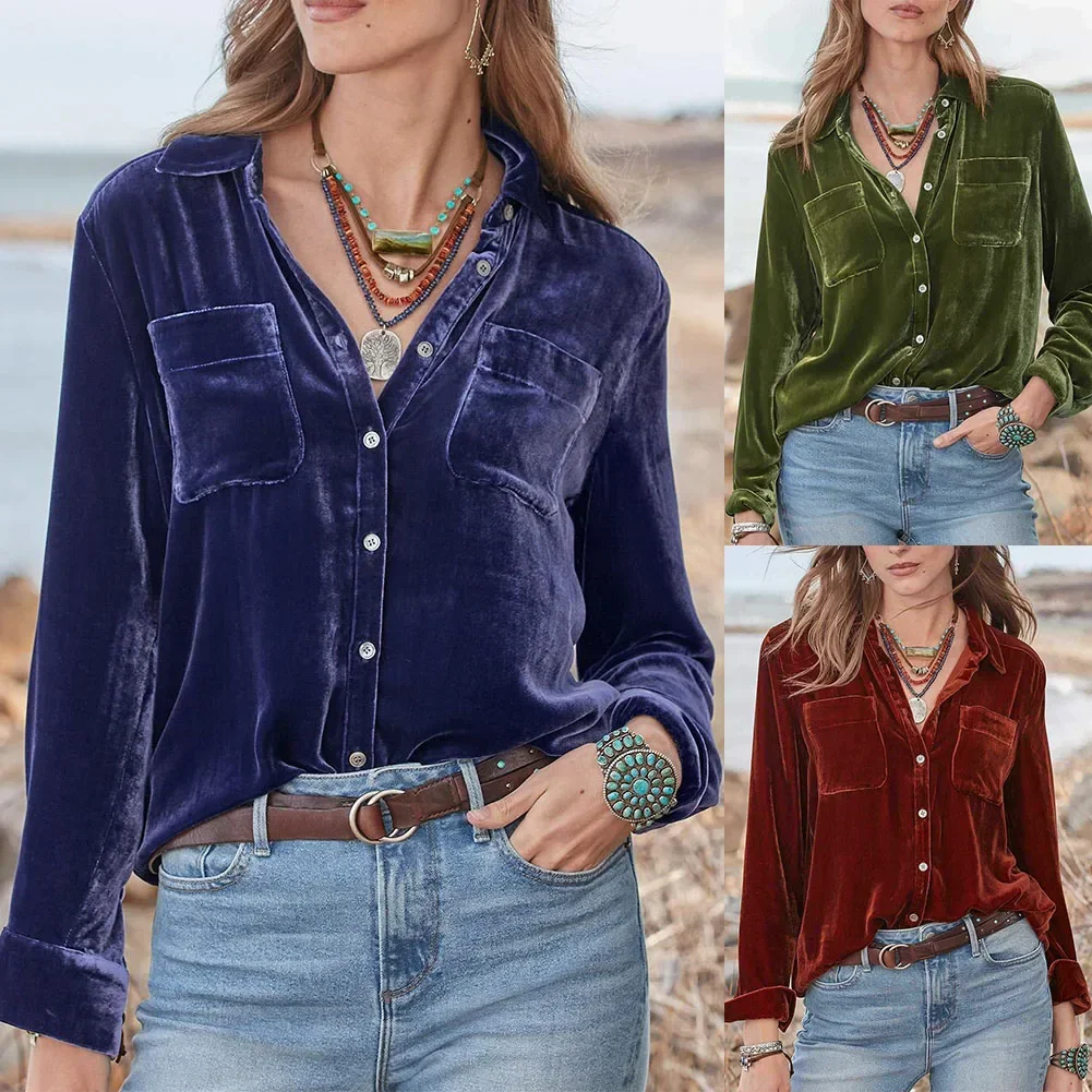 Brand New High Quality Shirts V-neck Fashion Spring Autumn Women Retro Velvet Blouse ArmyGreen Brick Red Gold Velvet