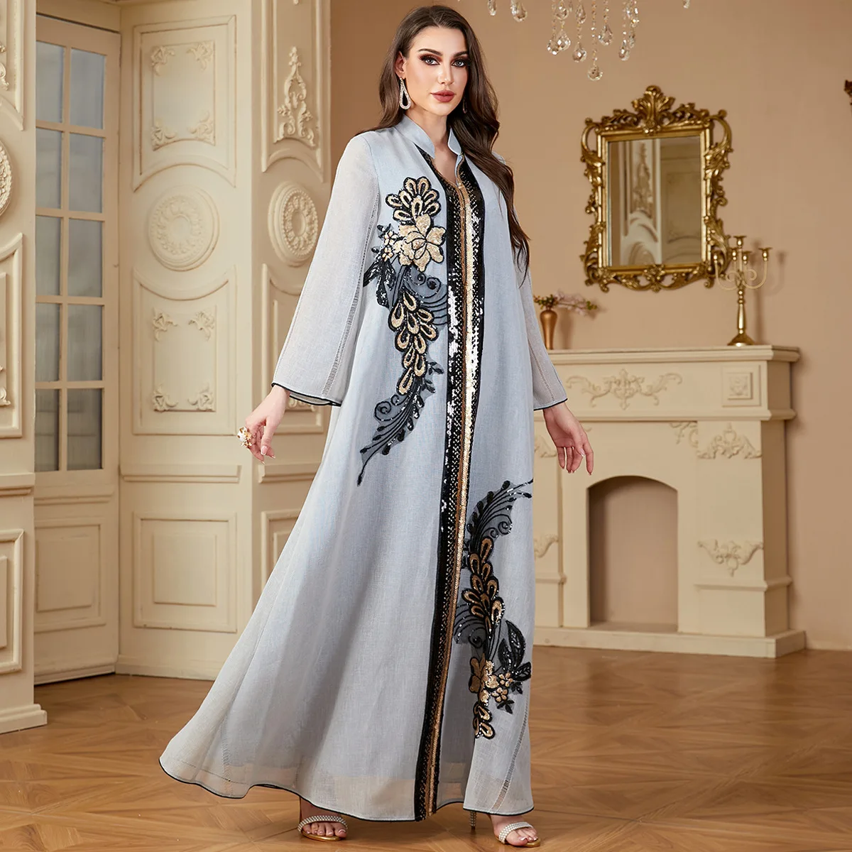 Eid Muslim Dress for Women Abaya Sequins Stand Collar Jalabiya Morocco Party Dresses Abayas Kaftan Abaya Vestidos Arab Long Robe