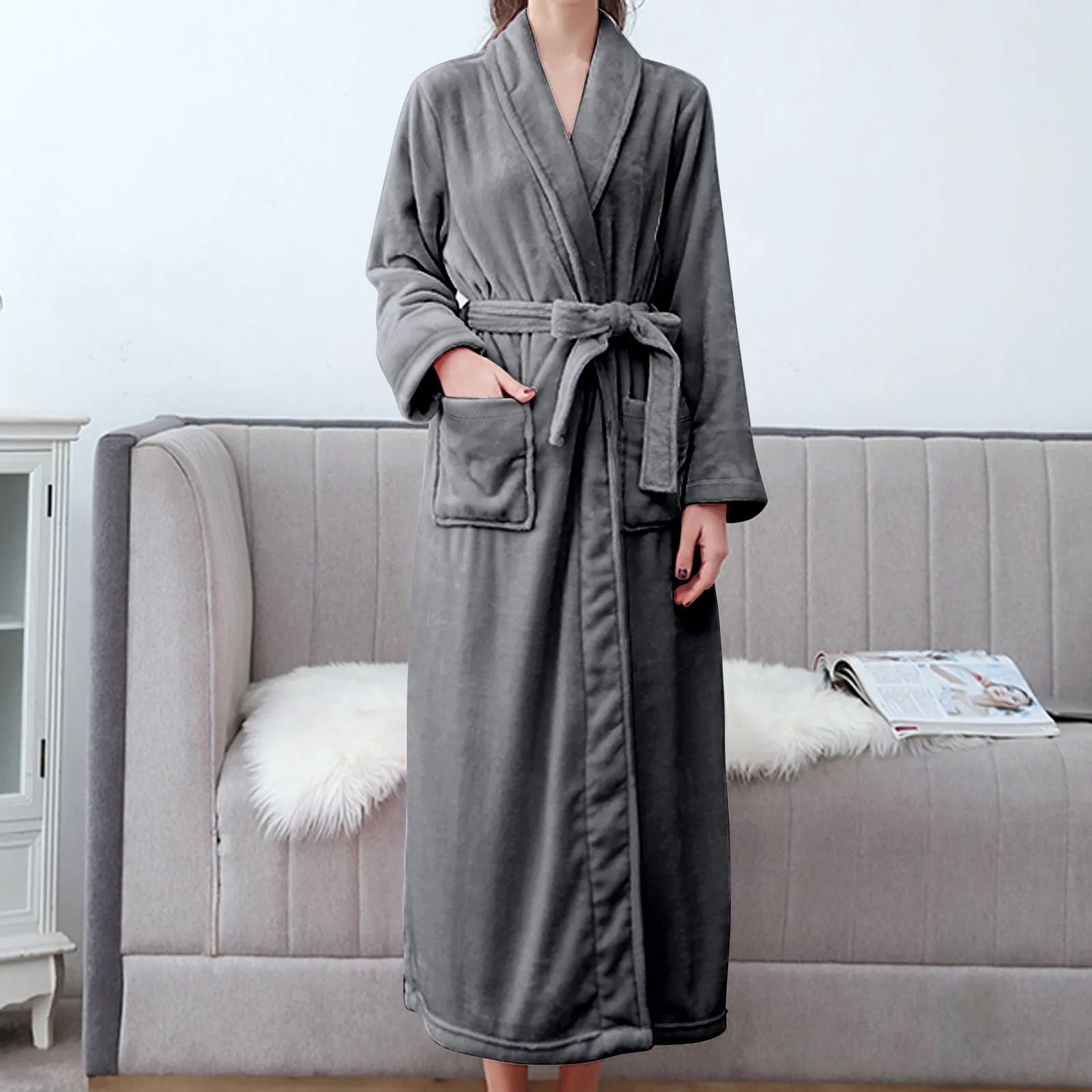 

Solid Fleece Night Robe Sleepwear Nightdress Winter Thicken Towel Long Sleepwear Bathrobe Thermal Warm Nightwear Cardigans Robes