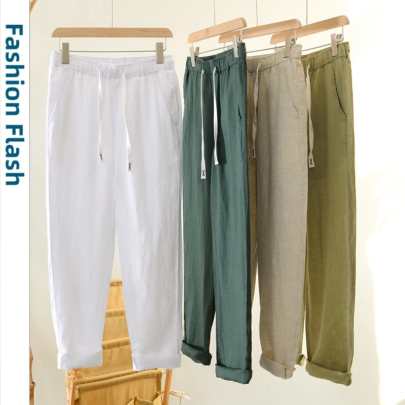 Summer 100% Linen Casual Pants Solid Korean Men Trousers Wide Leg Loose pants For Men White Khaki Black Fashion Clothing 4xl