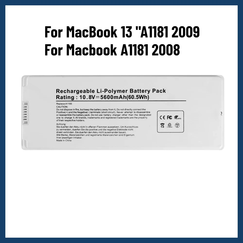 10.8V=5600mAh(60.5Wh) A1185 A1181 MB402 MB403 Laptop Battery For Apple MacBook 13