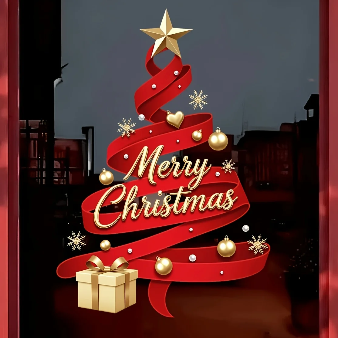 3D Red Ribbon Christmas Tree Window Sticker, Luxury Gold Merry Christmas Self-Adhesive Removable Double Sided Visible Window Fil