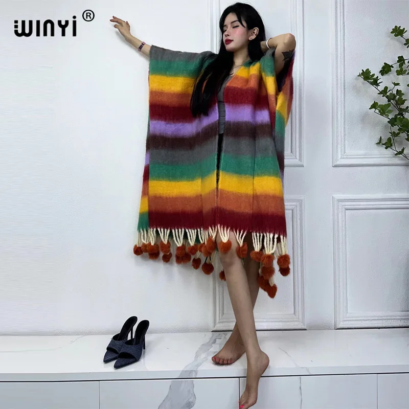 WINYI Winter stripe color cloak High Quality poncho Long Loose OverCoat Thick Warm Female coat for women Hanging ball cardigan