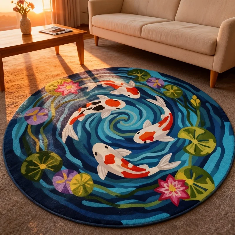 Koi Fish Pattern Round Area Rug, Soft Non Slip Floor Mat for Living Room and Bedroom, Durable Machine Washable Home Decor