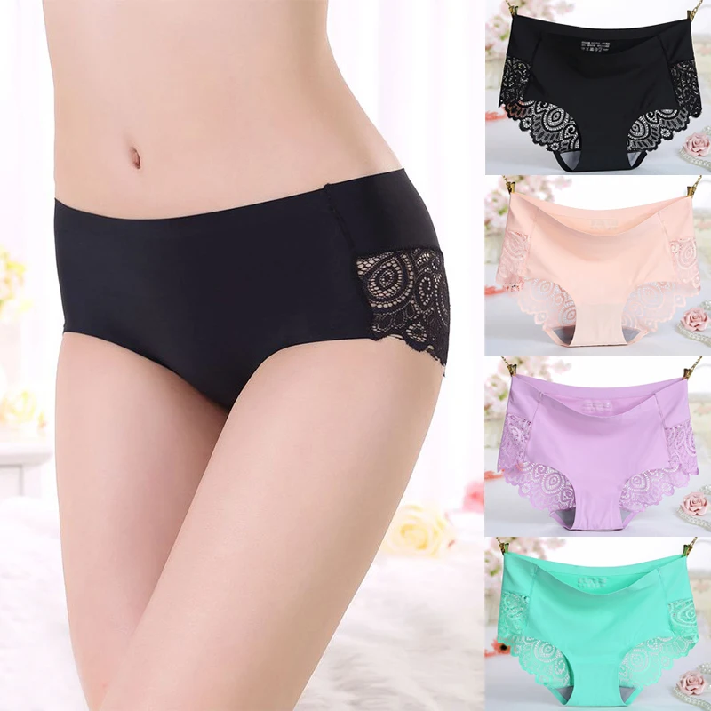 Ice Silk Women's Panties Sexy Underwear Floral Crochet Lace Seamless Panties Breathable Ladies Cotton Crotch Elastic Briefs