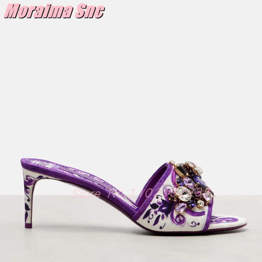 Luxury Crystal Gemstone Detailing Mules Round Open Toe Stiletto Mid Heel Slip On Sexy Fashion Women's Summer Slippers Banquet