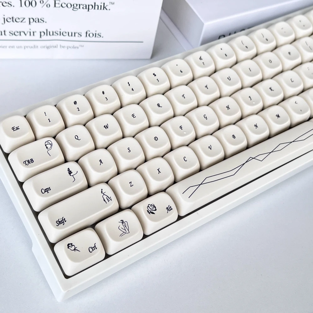 Simple Line Style Keycap MOA Profile 124 Keys Round Cute Creamy White Keycaps Thermal Sublimation PBT Mechanical Keyboard Caps