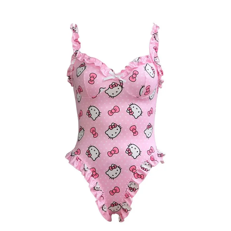 Sanrio Sexy Bodysuit Women's Pink Family Cute Digital Printing,Hello Kitty Pink Pajamas Cute Sleep Dress V-Neck Sexy Lingerie