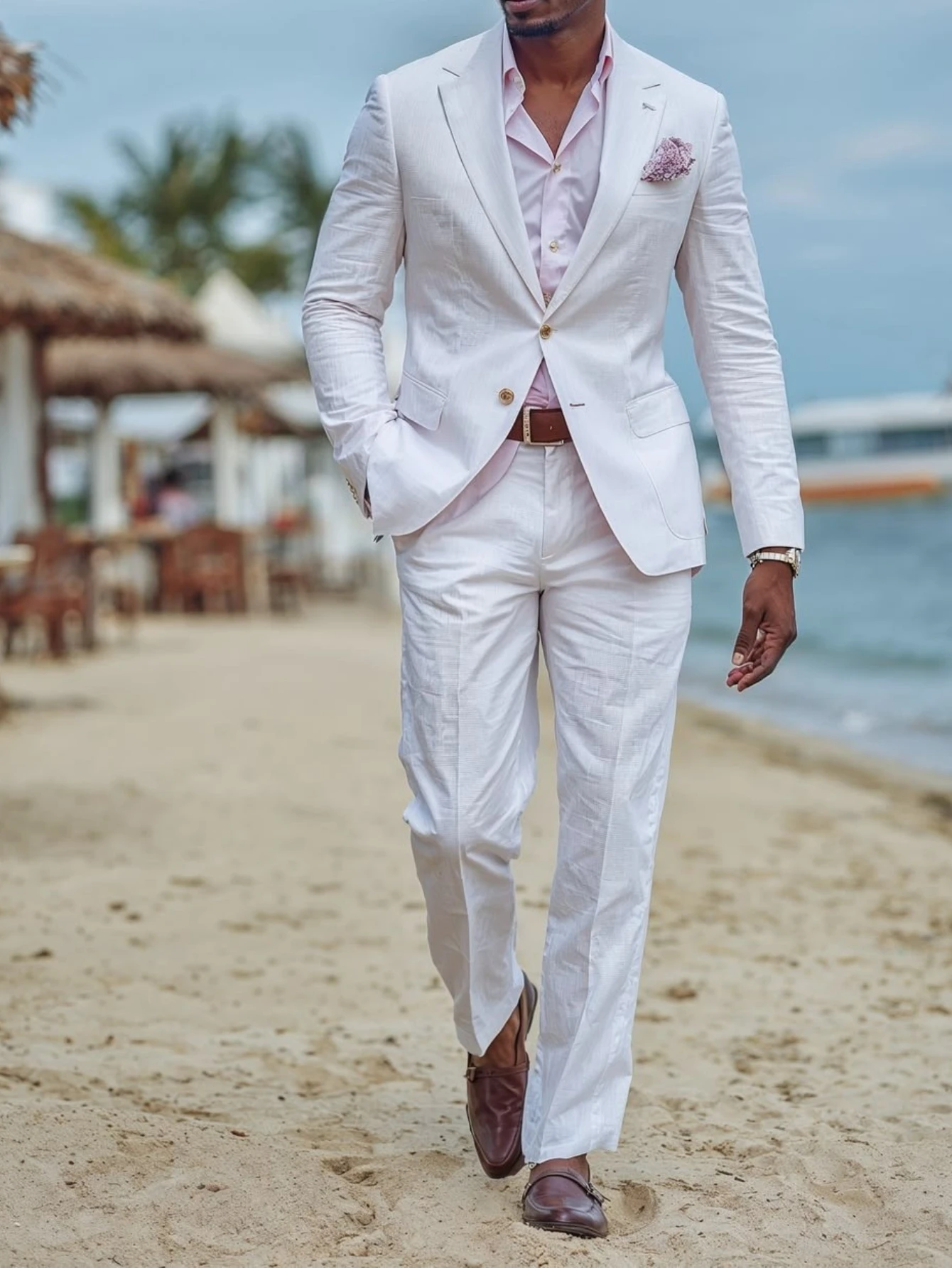Men White Linen Suit 2 Piece Notch Lapel Two Button Slim Fit Blazer Pants Set Beach Wedding Groom Summer Formal Party