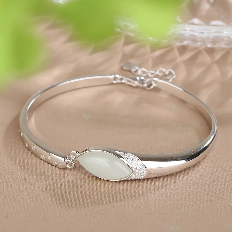 

S925 Sterling Silver Inlaid Natural Hetian Jade White Gold Plated Women'S Open Bracelet