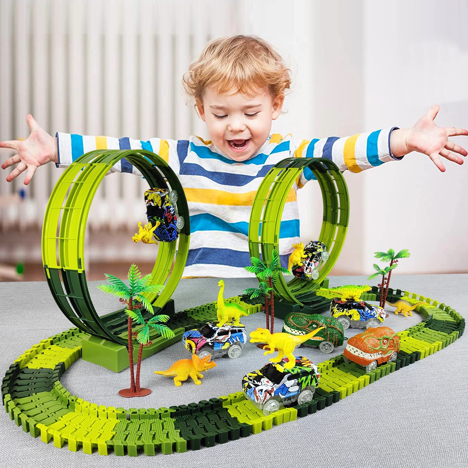 Climbing Dinosaur Track Toy Set 139 PCS Dinosaur World Road Race-Flexible Track Playset Dinosaur Car Toys for boy Best Gift