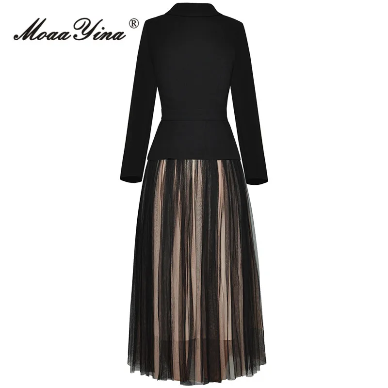 MoaaYina Autumn Fashion Designer Black Vintage Skirt Set Women's Lapel Long Sleeve Slim Coat+A-LINE Long Mesh Skirt 2 Pieces Set