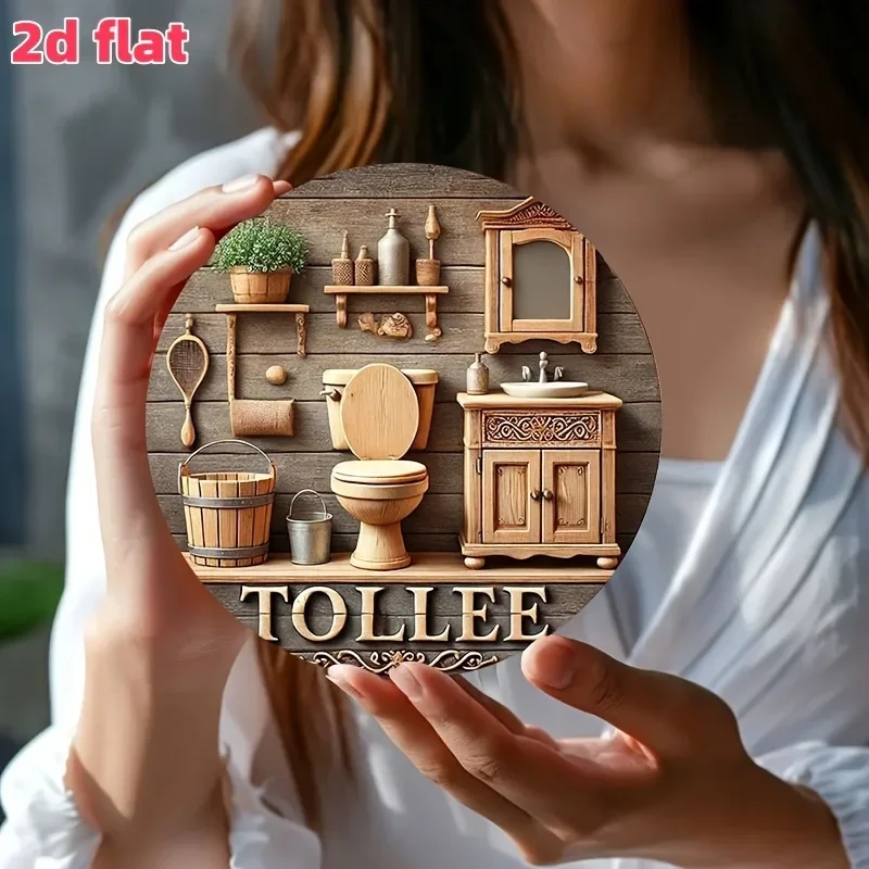 2D flaches, bezauberndes rundes Badezimmerschild aus Holz im böhmischen Stil – 7,87-Zoll-Wandbehang mit Länderwanne, Toilette und Waschbeckenmuster