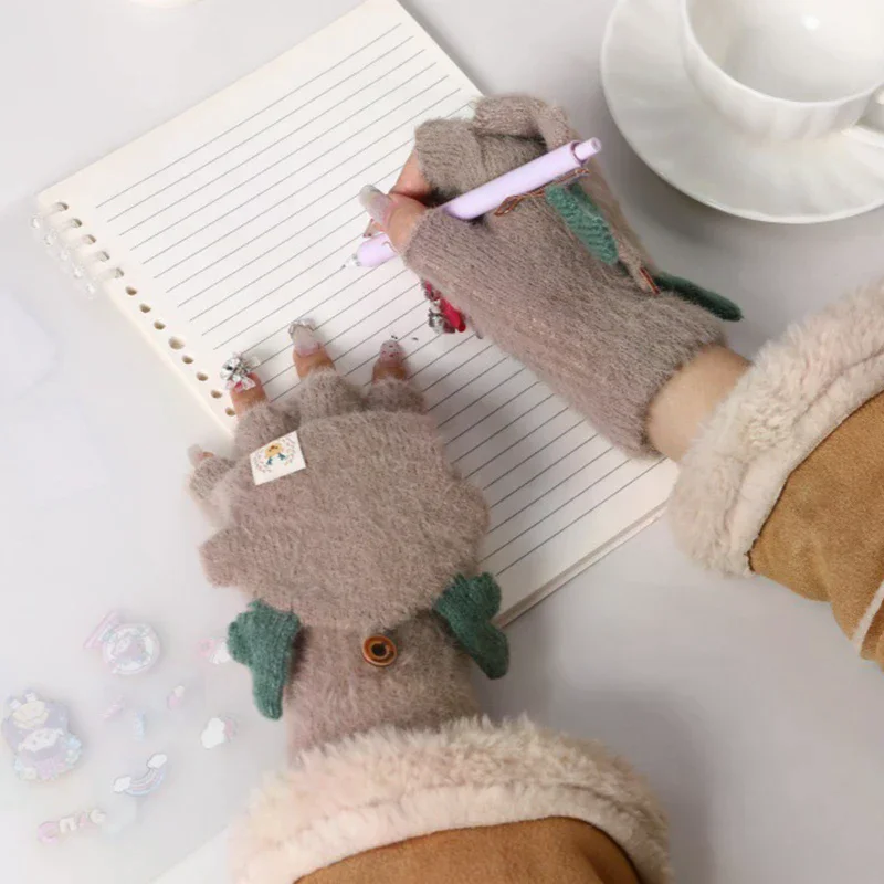 

Перчатки с клапаном и полупальцами, зимние милые бархатные толстые теплые велосипедные перчатки с рогами и сенсорным экраном