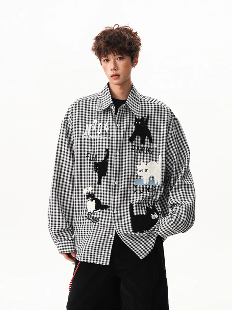 2025 Spring and Autumn New Men's Fun Cat Patch Plaid Long Sleeve Shirt Couple Loose Yellow Blue Casual Daily Shirt