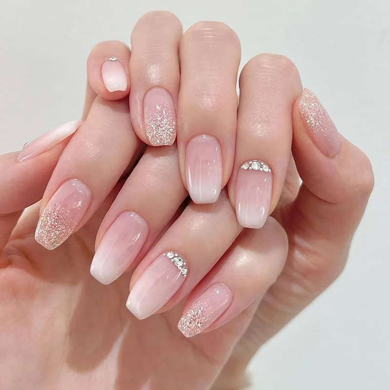 24Pcs Gradient Nude Pink Press on Nail Short Gold Crushed Diamond False Nails for Women&Girl Removable wearable Nail Art