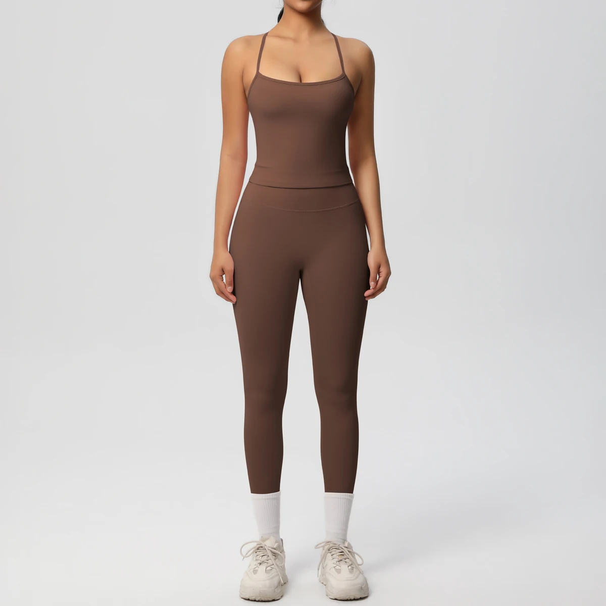 Hochelastisches, sexy, rückenfreies Yoga-Oberteil und -Hose, stoßdämpfendes Lauf-Yoga-Tanktop, einfarbige, schnell trocknende Yoga-Leggings – Detail 6