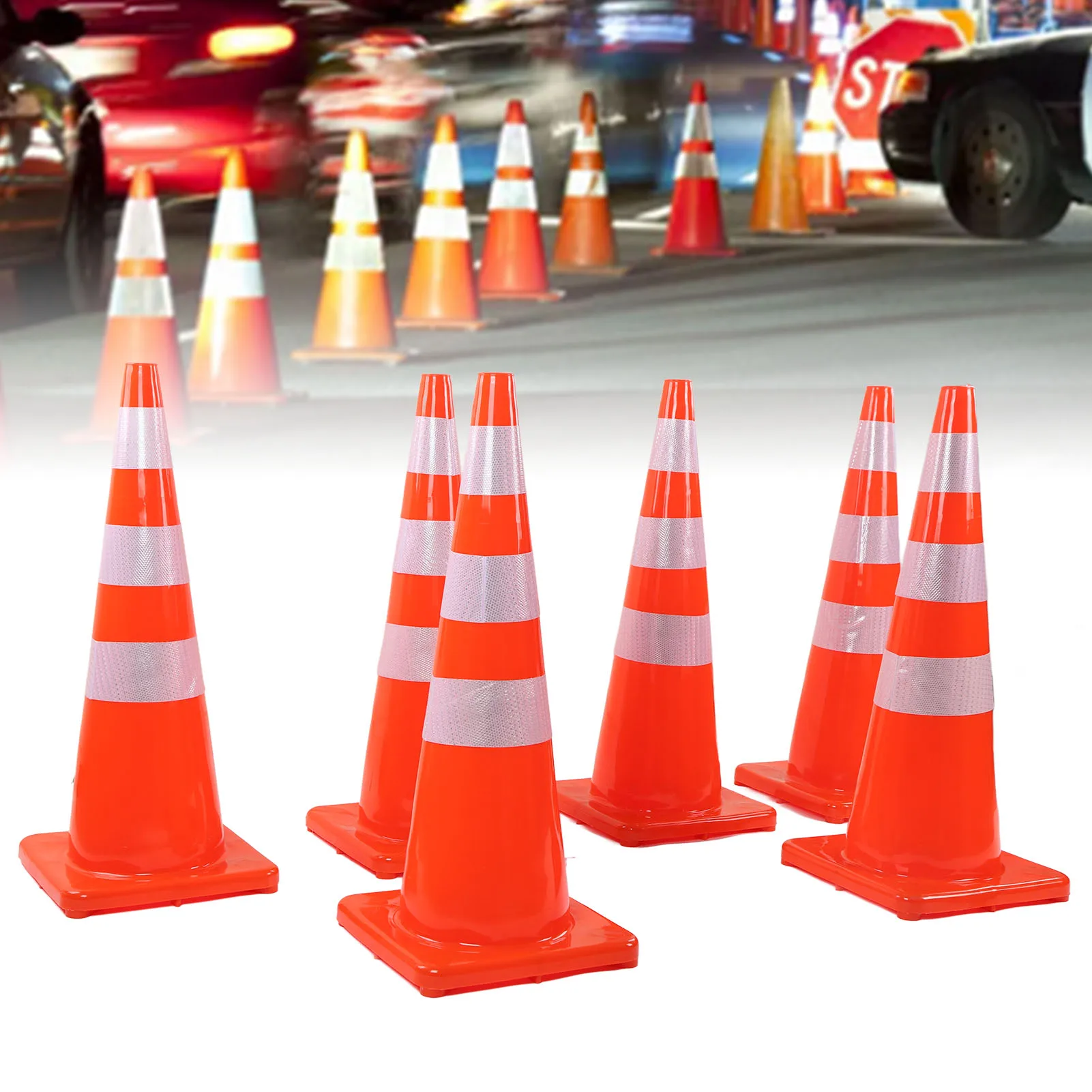 6Pcs Traffic Cones Weather Resistant Reflective Square Base Road Cones for Parking Lot Camping Red