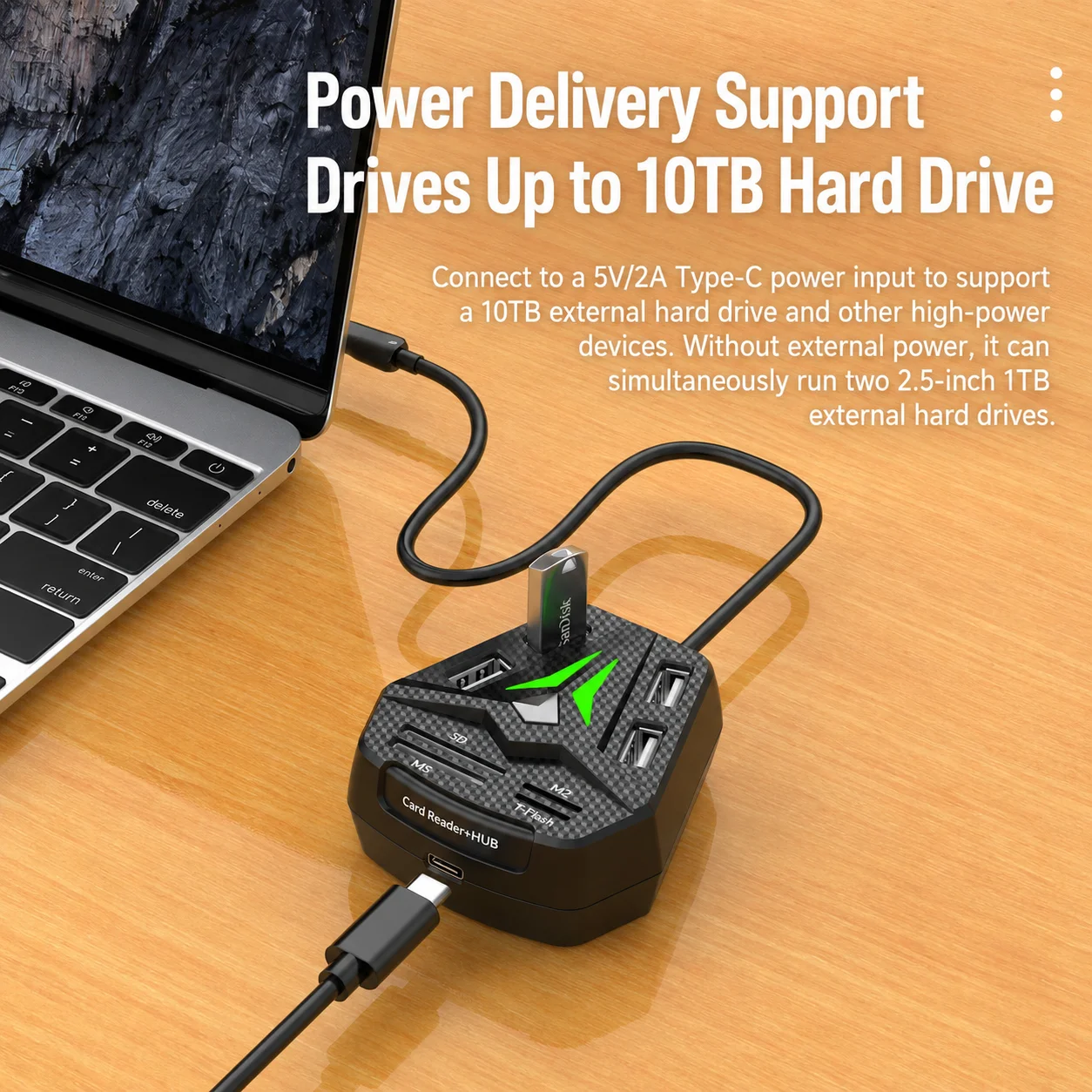 4 Port USB Hub 2.0 with Card Reader SD TF MS M2 RGB LED Light Type C Power for Laptop PC Computer MacBook Gaming Desk Setup