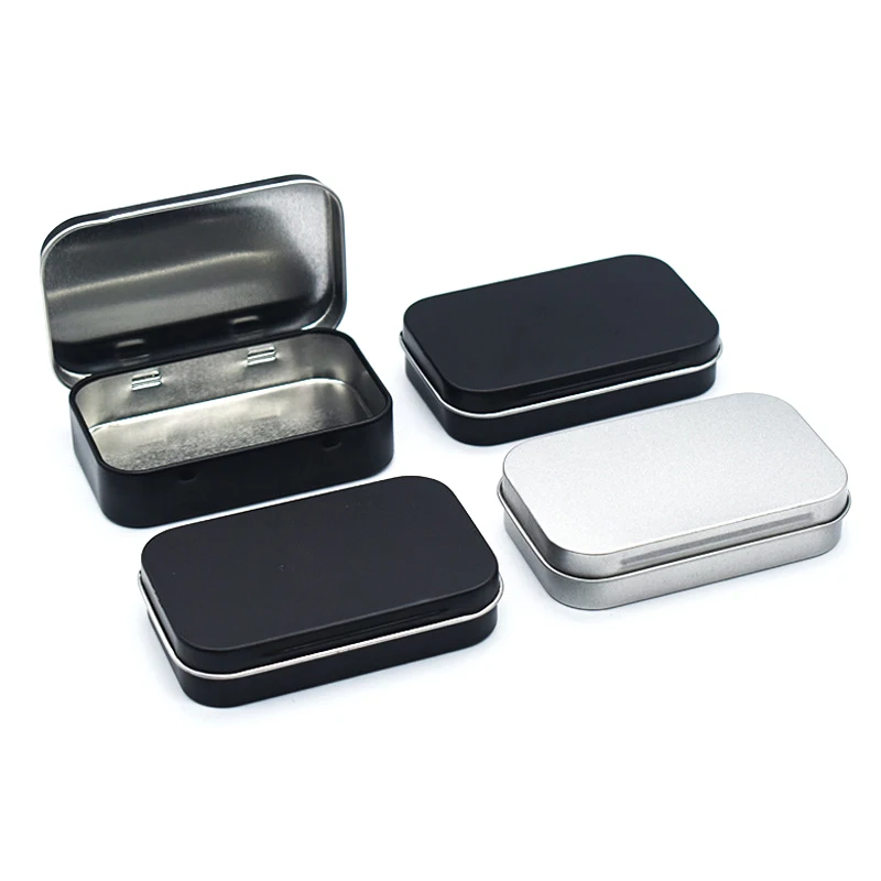 Metal Rectangular Empty Mini Tin Box Tinplate Push Candy Pill Cases Bins Jar Hinged Containers Small Organizer Storage Box