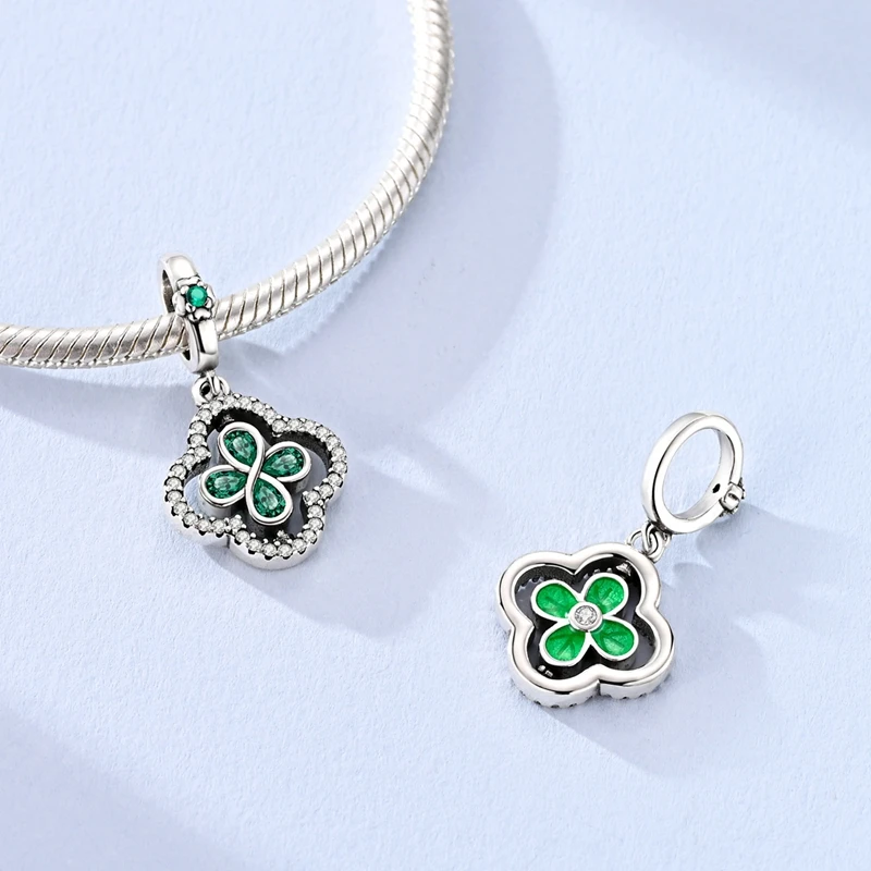 

925 Sterling Silver Roating Charms Bead CZ Zircon Four Leaf Clover Dangle Fit Original Bracelet DIY Women Jewelry Gift
