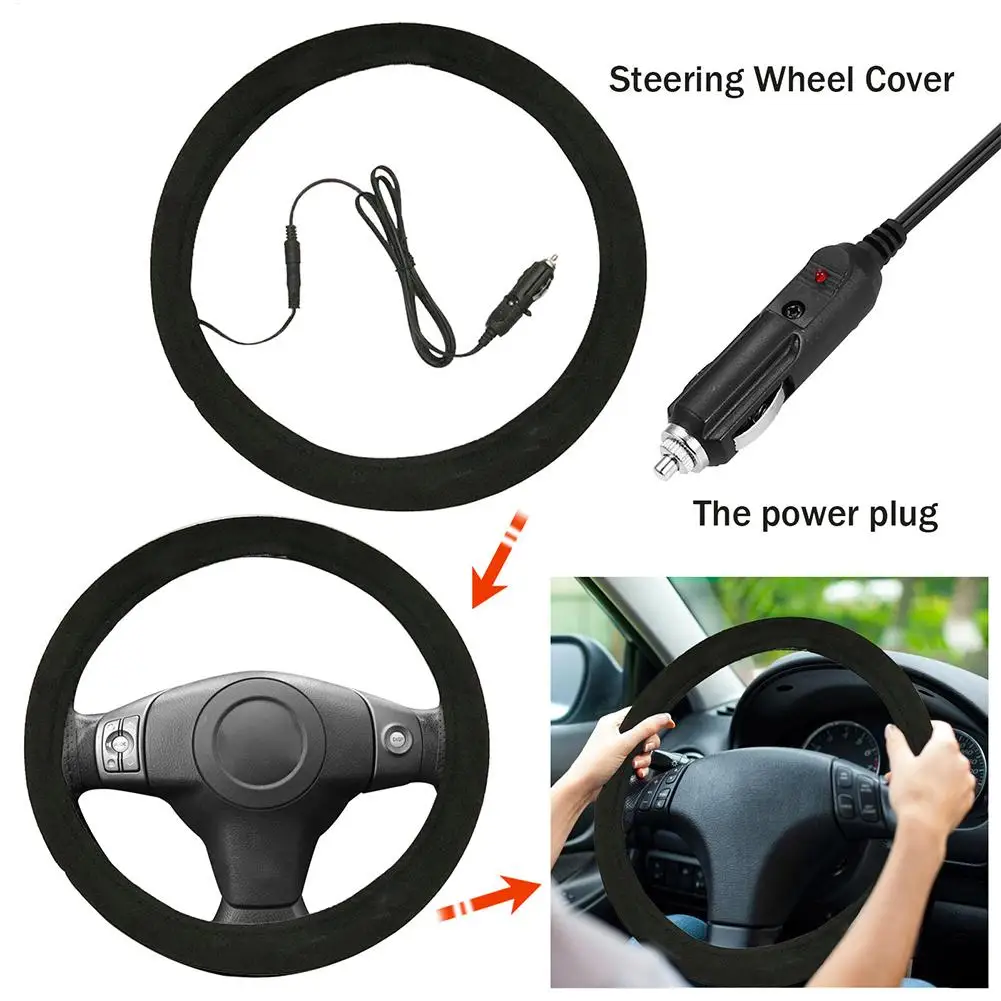 Heated Steering Wheel Cover 12V Plug in Electric Winter Warm Car Heating Pad Protector for Sedan Truck Van Daily Driving