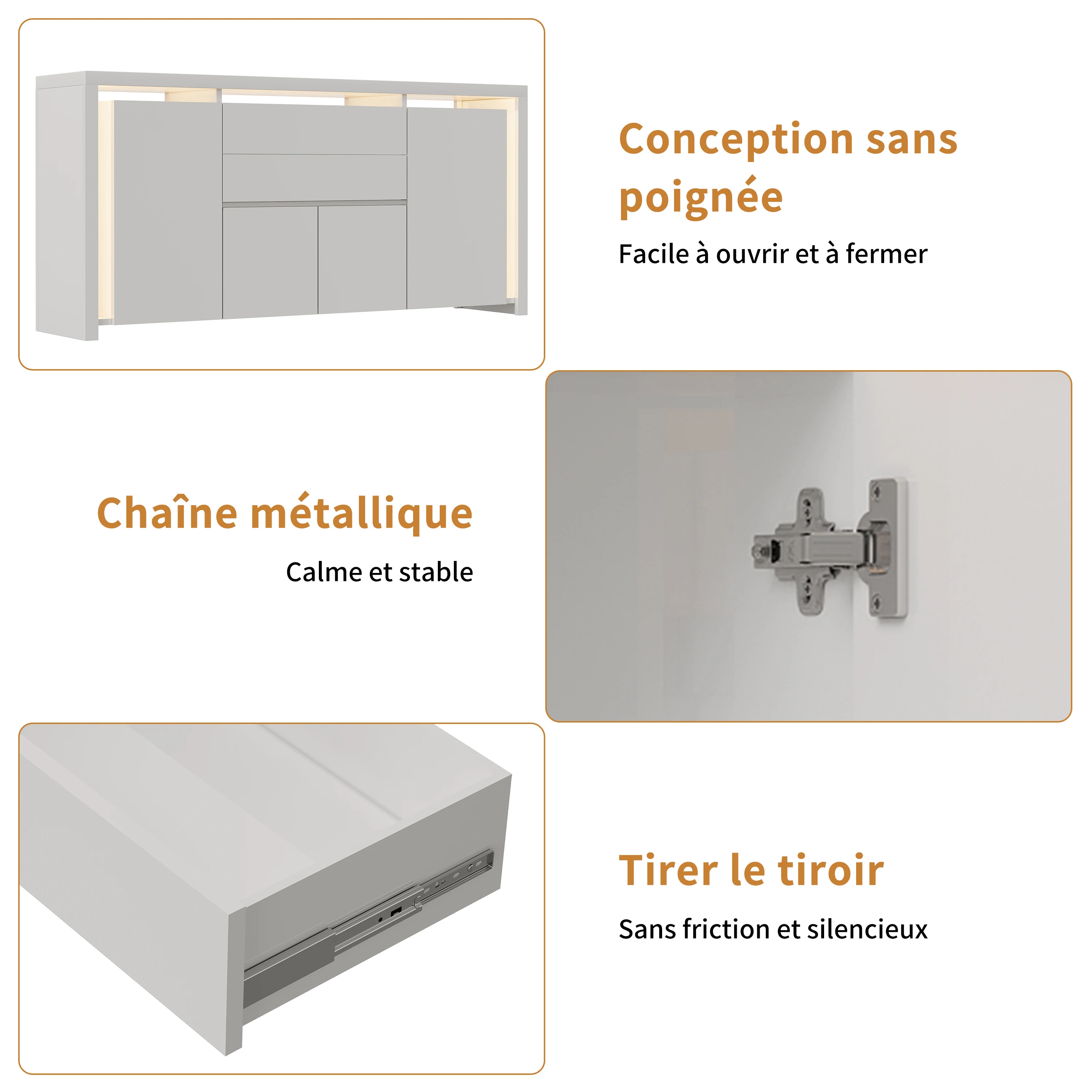 Rosahqnda Sideboard Hochglanzweiß mit LED, modernes Sideboard mit Tür und Schubladen, Buffetschrank, Kommode für die Küche – Detail 16