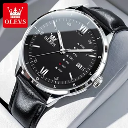 OLEVS Original Brand Business Men's Watches Waterproof Luminous Quartz Watch Week Calendar Leather Strap Male Wristwatch New