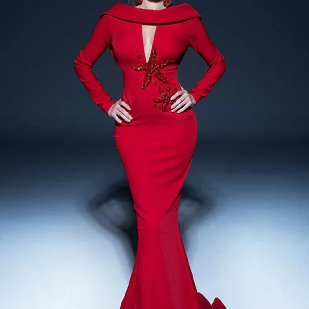 Customized Mermaid Evening Dresses Floor-length Scoop-neck Full Sleeve Prom Gown Fashion Sequined Simple Draped Party Gown