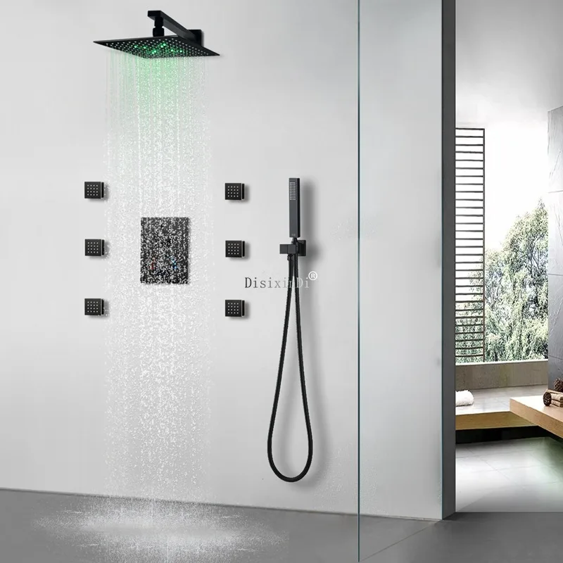 Concealed showerhead set with wall mounted 10 inch square LED showerhead and top spray thermostatic control valve body